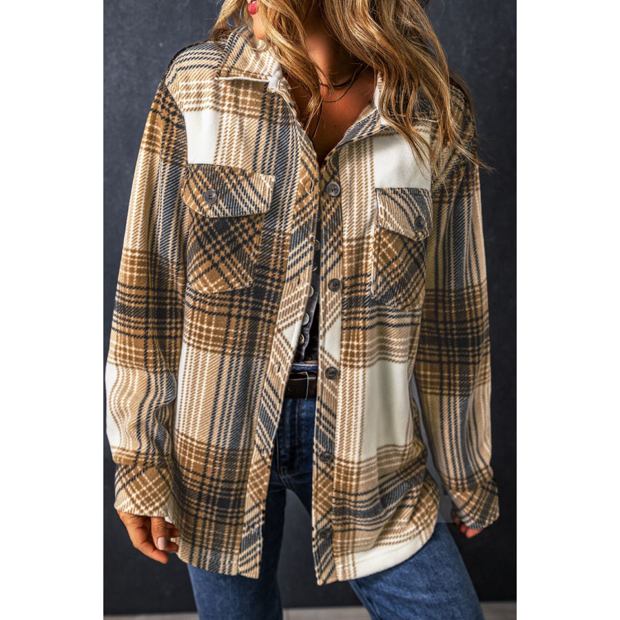 Plaid Button Up Long Sleeve Shacket Coffee Brown / S Apparel and Accessories