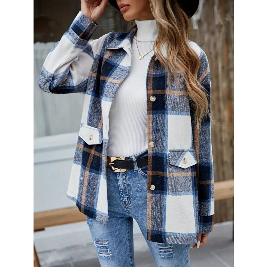 Plaid Button-Up Long Sleeve Shacket Dark Blue / S Apparel and Accessories