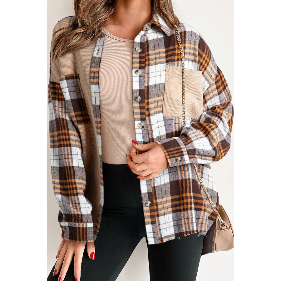 Plaid Button Up Long Sleeve Shacket Khaki / S Apparel and Accessories