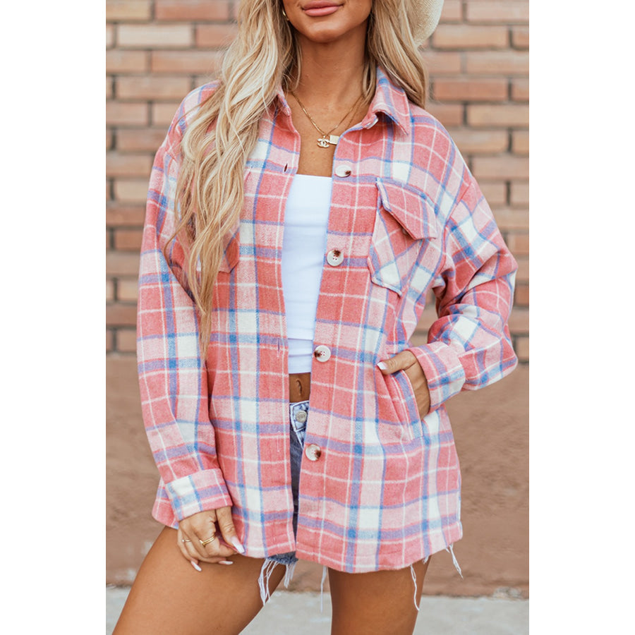 Plaid Button Up Long Sleeve Shacket Plaid / S Apparel and Accessories