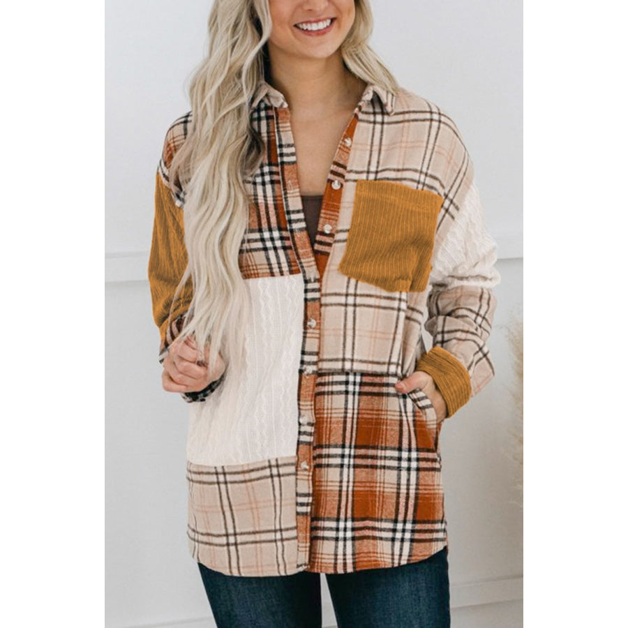 Plaid Button Up Long Sleeve Shacket Sherbet / S Apparel and Accessories