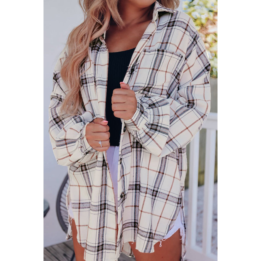 Plaid Button Up Long Sleeve Shacket White / S Apparel and Accessories