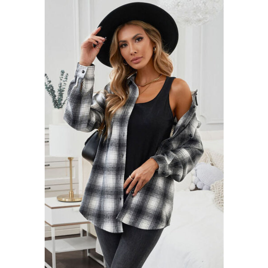 Plaid Button Up Long Sleeve Shirt Black / S Apparel and Accessories