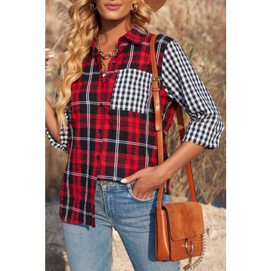 Plaid Button Up Long Sleeve Shirt Deep Red / S Apparel and Accessories
