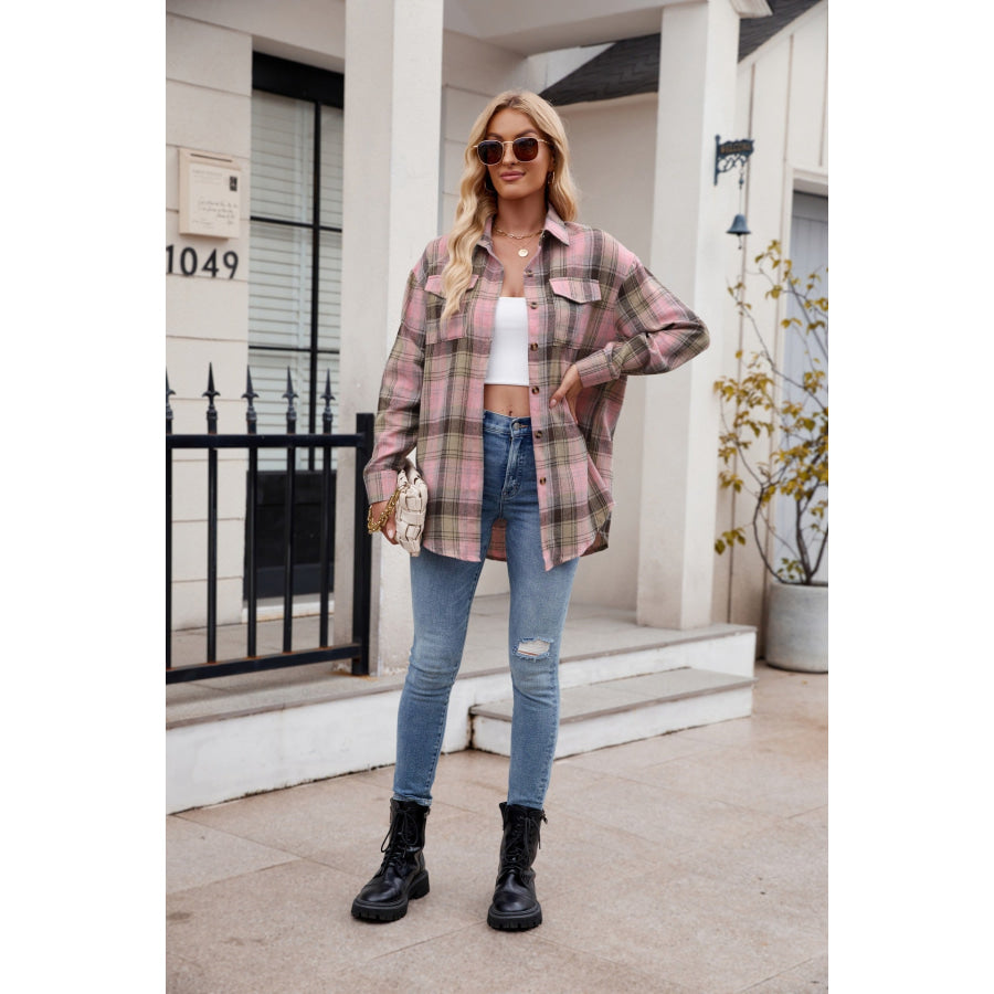 Plaid Button Up Long Sleeve Shirt Dusty Pink / S Apparel and Accessories