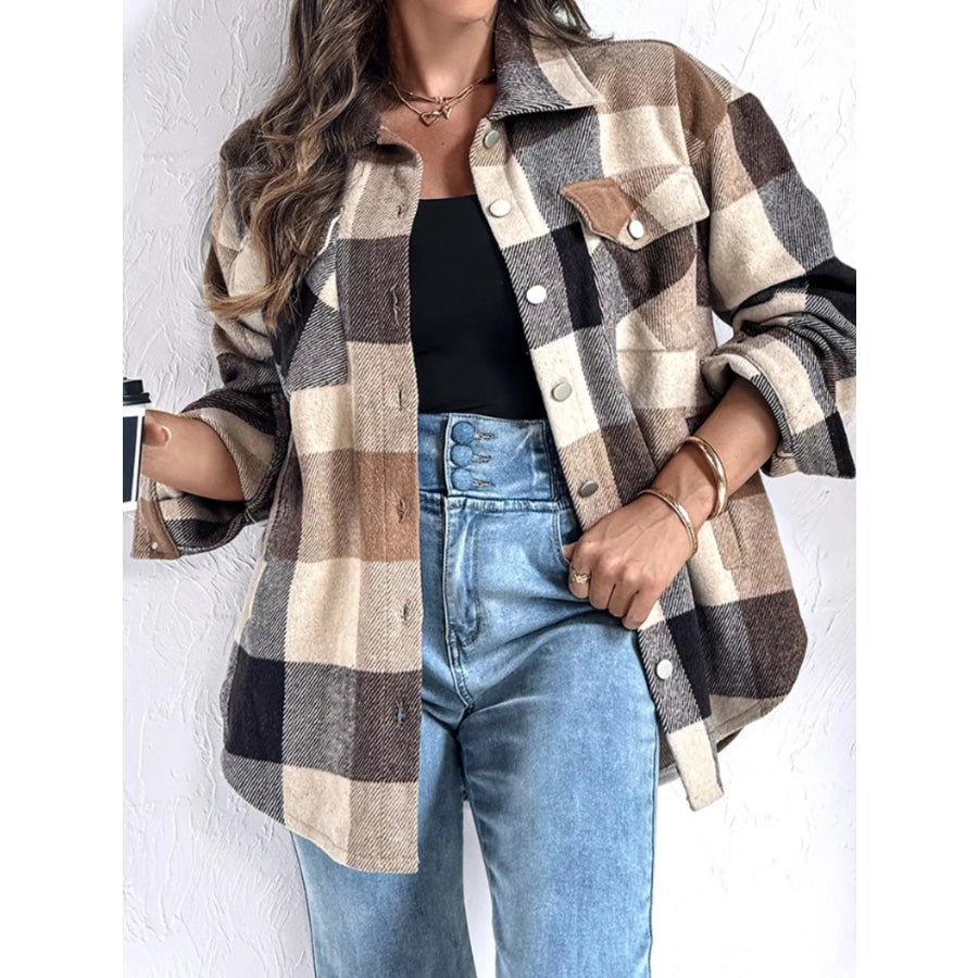 Plaid Button-Up Long Sleeve Shirt Khaki / S Apparel and Accessories