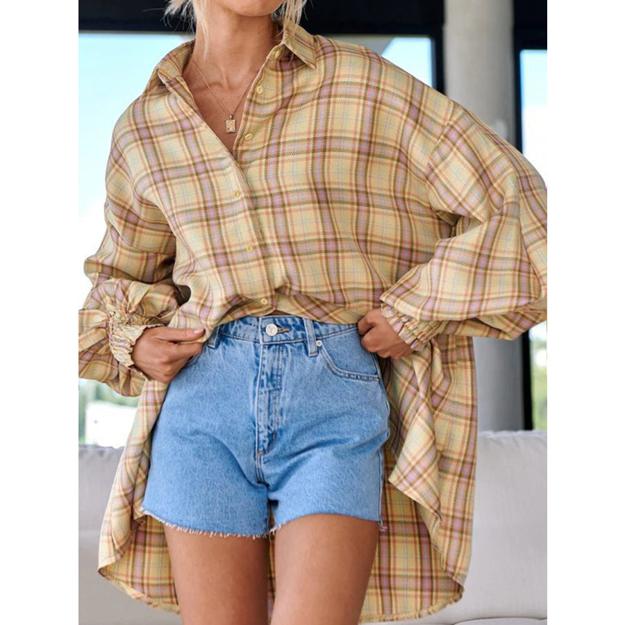 Plaid Button Up Long Sleeve Shirt Pastel Yellow / S Apparel and Accessories