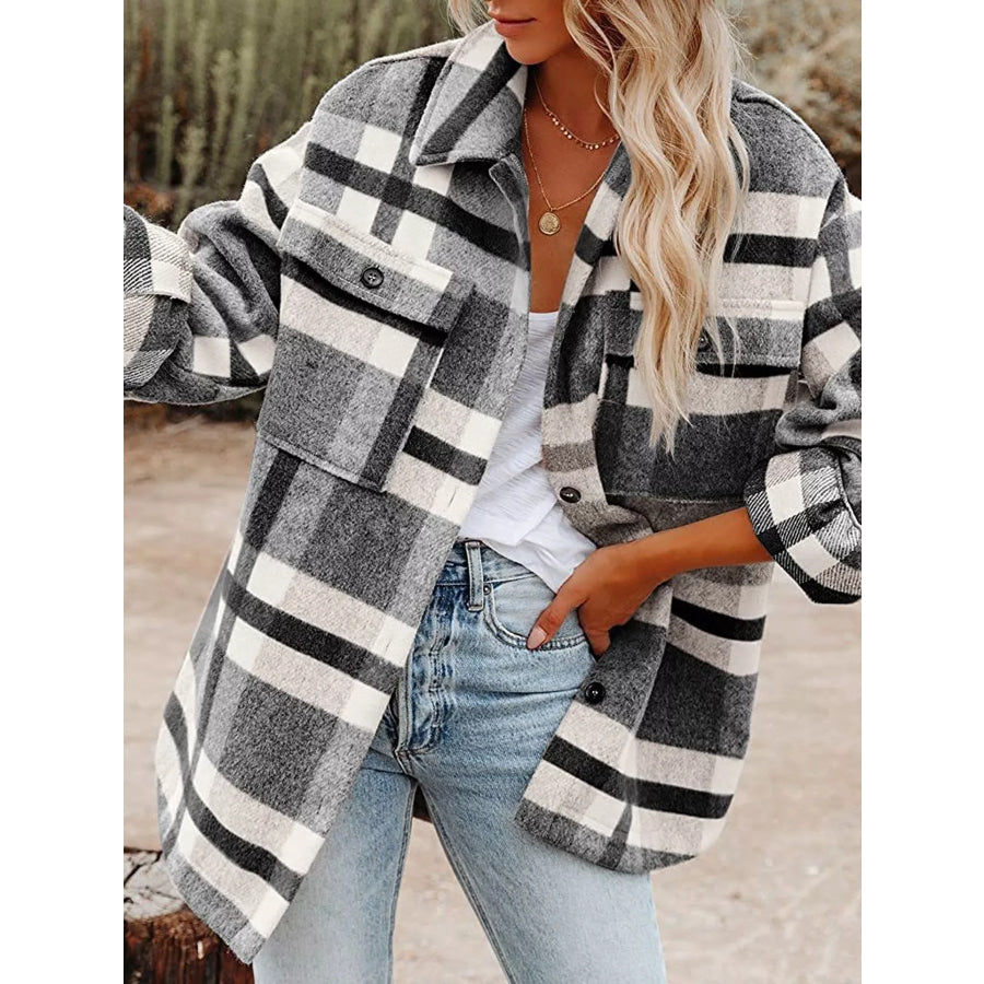 Plaid Button Up Shacket Black And White / S Apparel Accessories