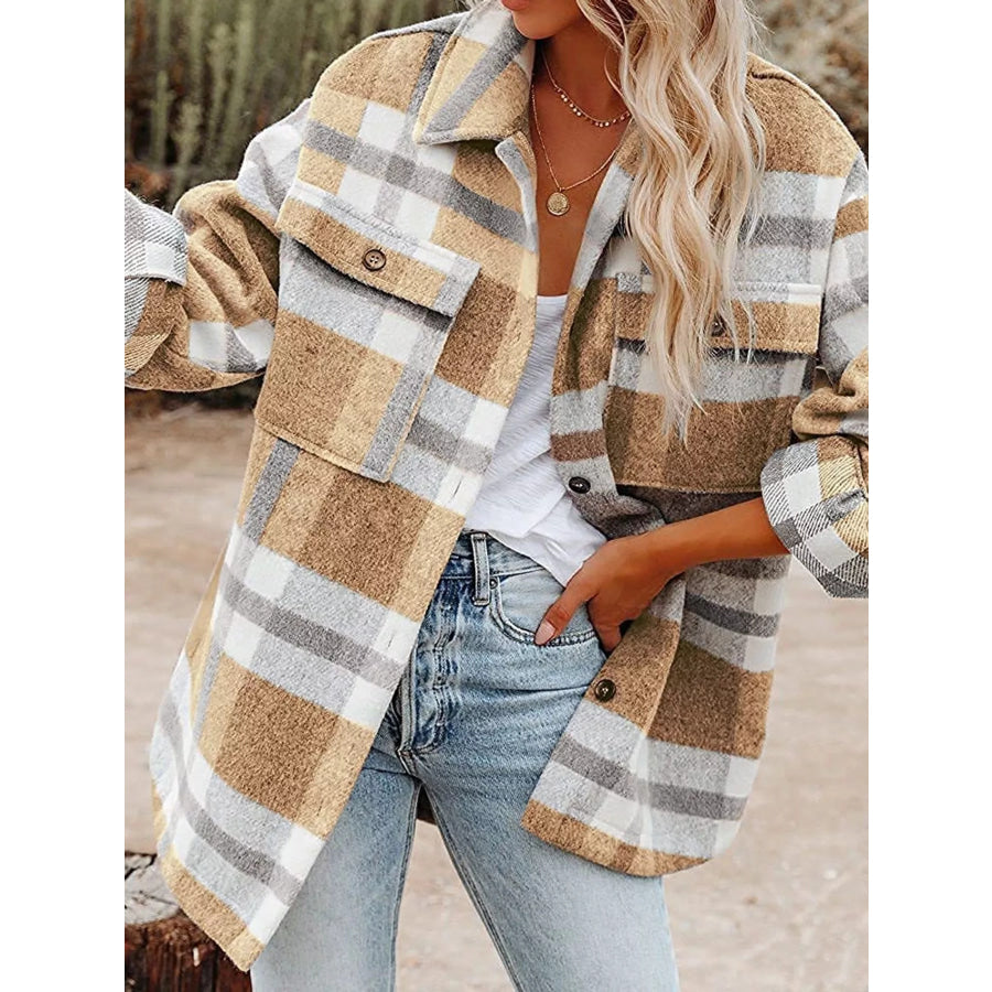 Plaid Button Up Shacket Khaki / S Apparel and Accessories