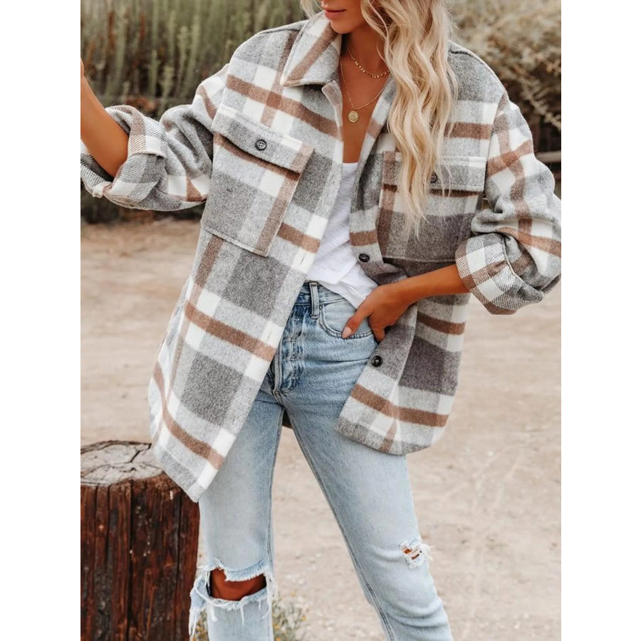 Plaid Button Up Shacket Light Gray / S Apparel and Accessories