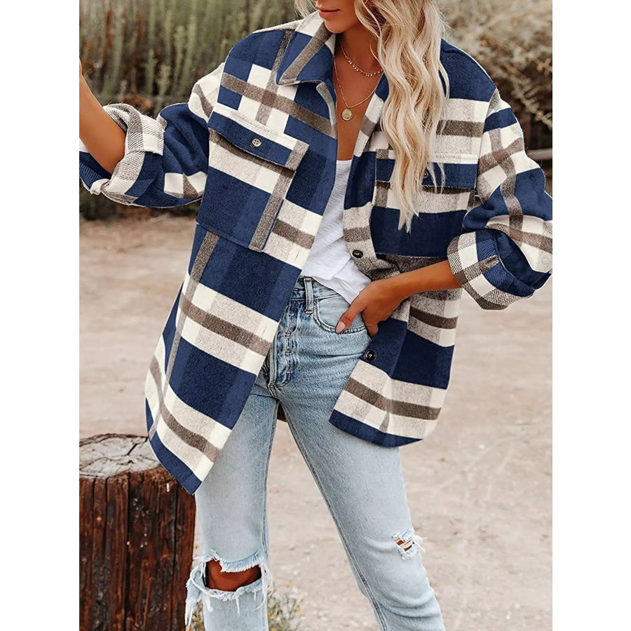 Plaid Button Up Shacket Navy / S Apparel and Accessories