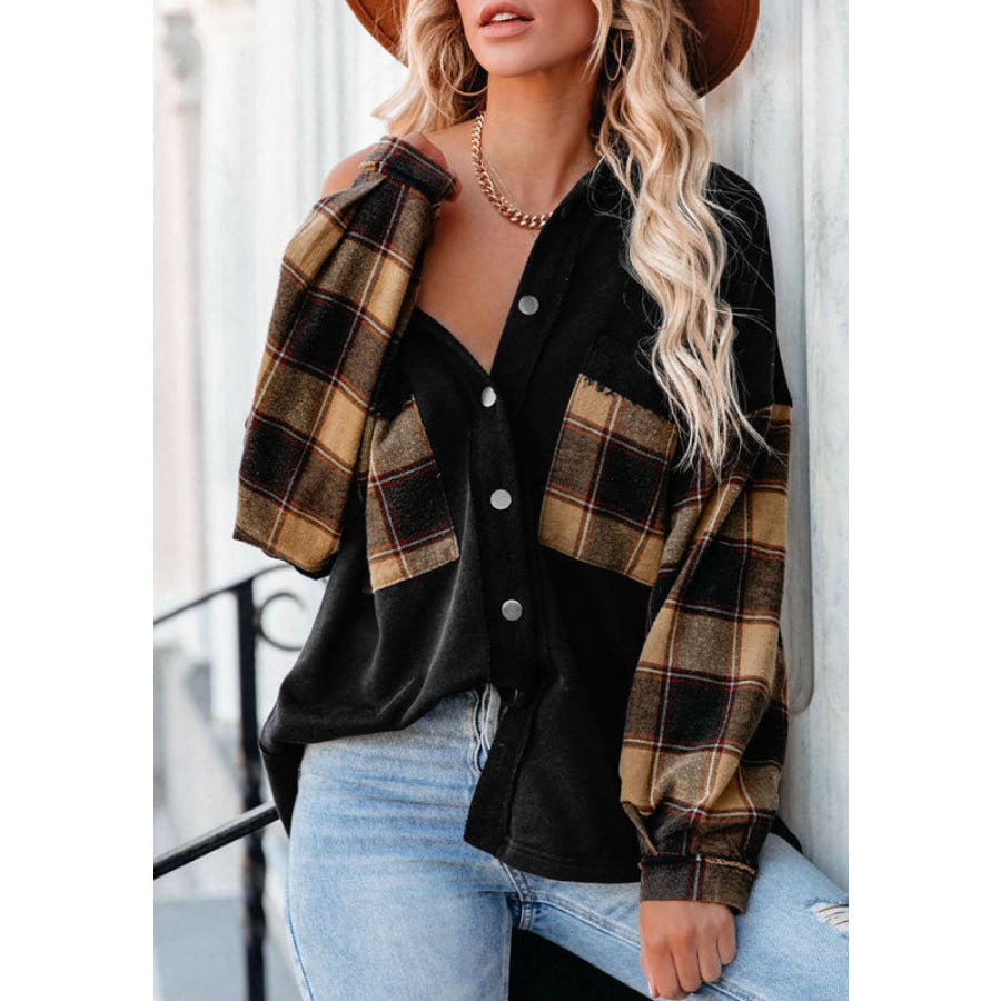 Plaid Button Up Shacket with Chest Pockets Apparel and Accessories