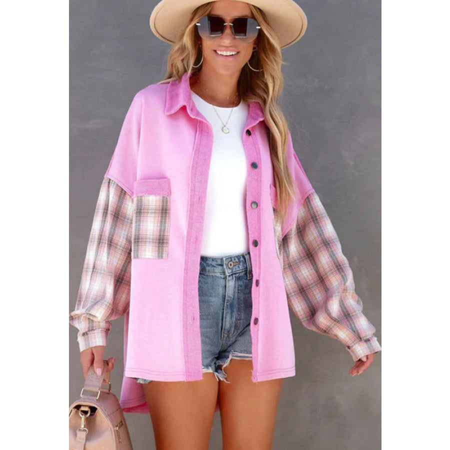 Plaid Button Up Shacket with Chest Pockets Fuchsia Pink / S Apparel and Accessories