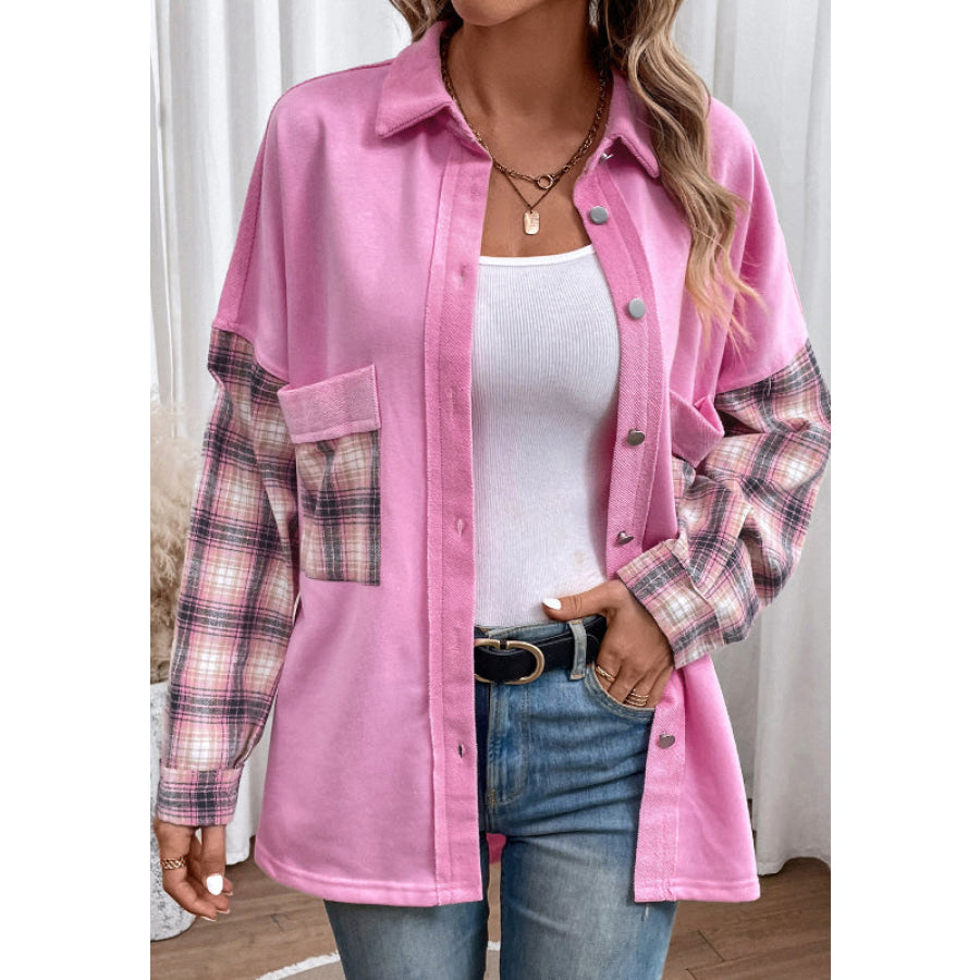 Plaid Button Up Shacket with Chest Pockets Apparel and Accessories