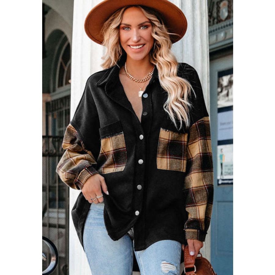 Plaid Button Up Shacket with Chest Pockets Apparel and Accessories