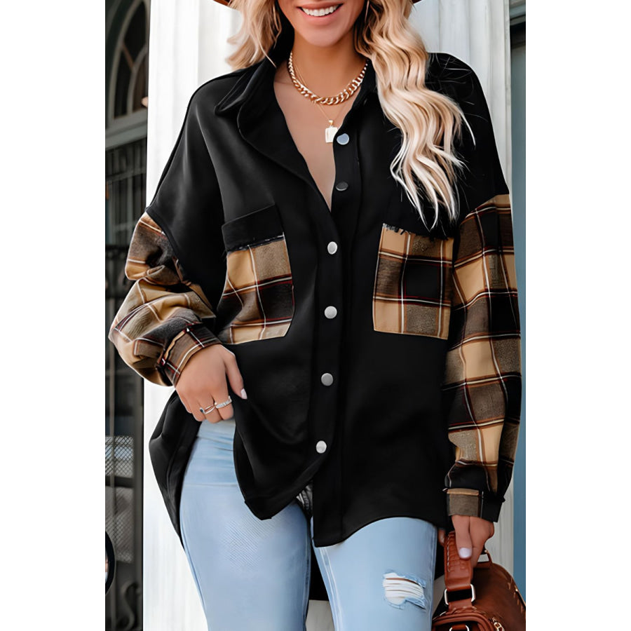 Plaid Button Up Shacket with Chest Pockets Black / S Apparel and Accessories