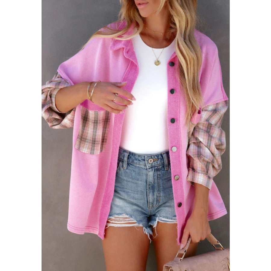 Plaid Button Up Shacket with Chest Pockets Fuchsia Pink / S Apparel and Accessories