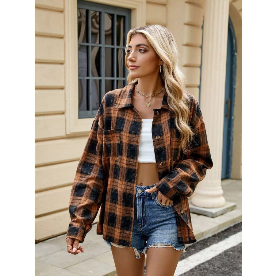 Plaid Button Up Shirt Coffee / S Apparel and Accessories