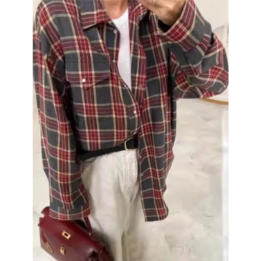 Plaid Button Up Shirt Dark Red / S Apparel and Accessories