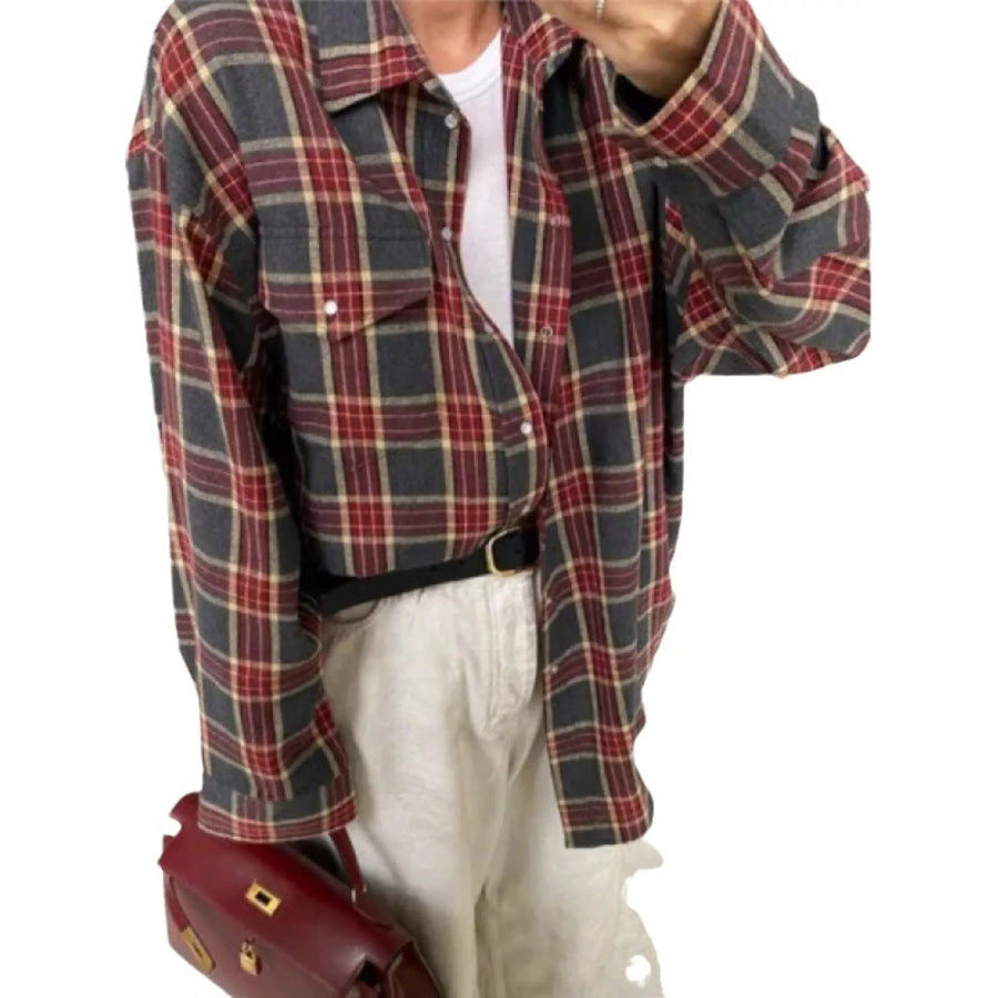 Plaid Button Up Shirt Dark Red / S Apparel and Accessories