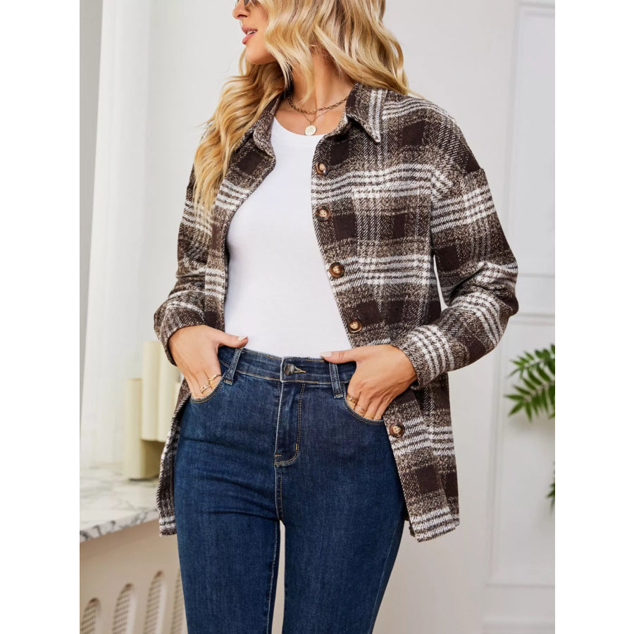 Plaid Button-Up Shirt Olive Brown / S Apparel and Accessories
