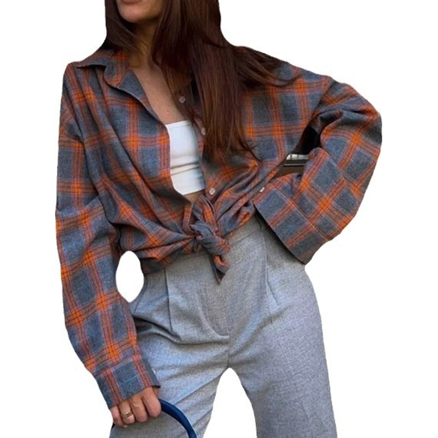 Plaid Button Up Shirt Orange / S Apparel and Accessories