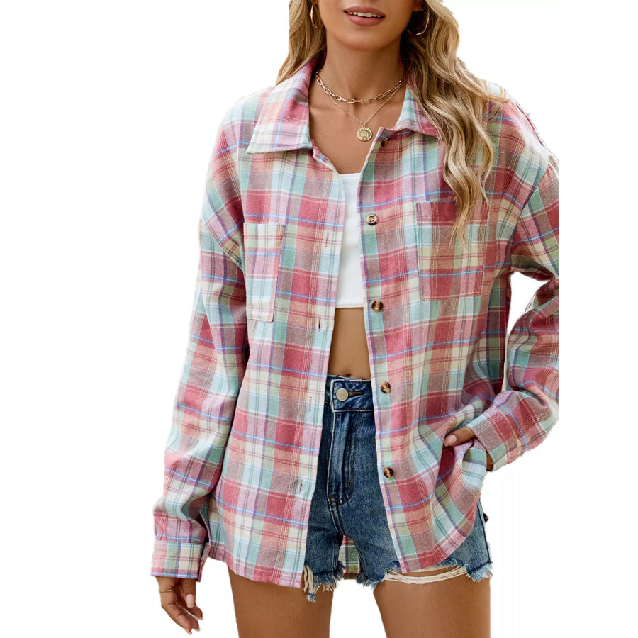 Plaid Button Up Shirt Pink Purple / S Apparel and Accessories