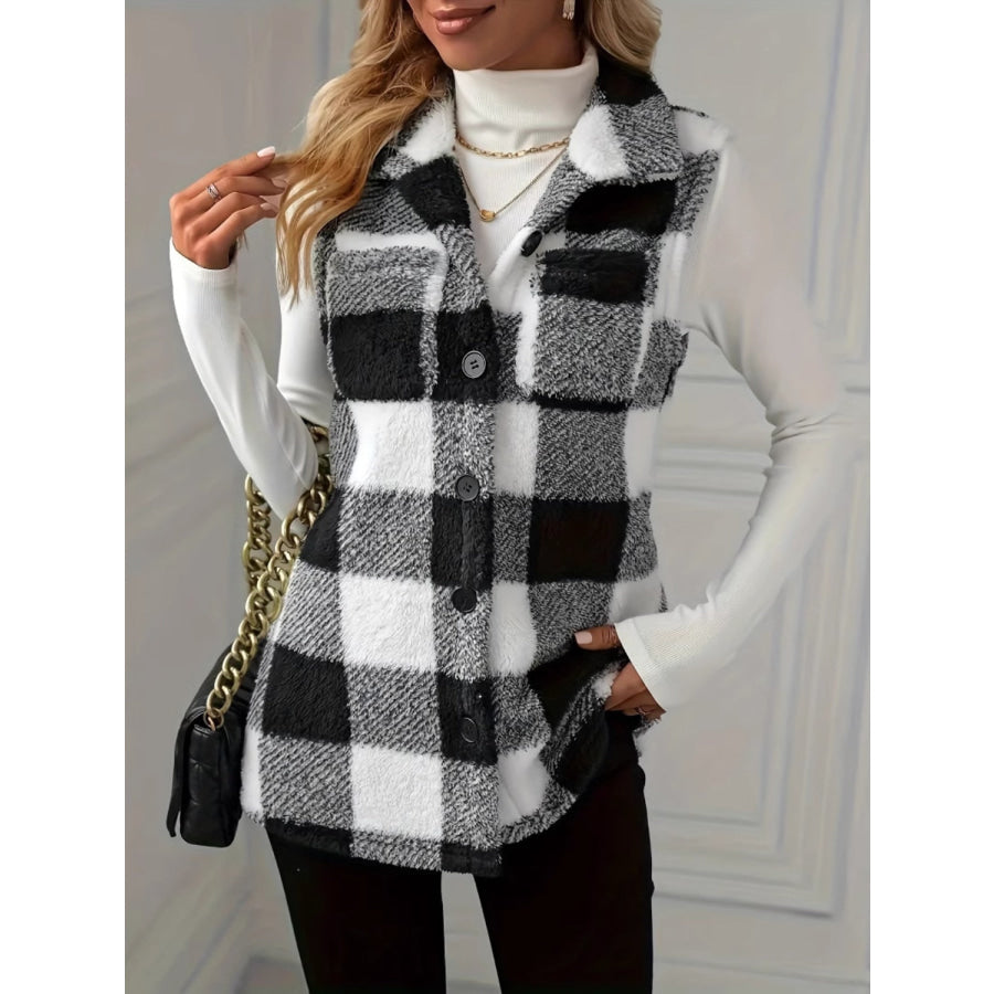 Plaid Button Up Vest Coat Black / S Apparel and Accessories