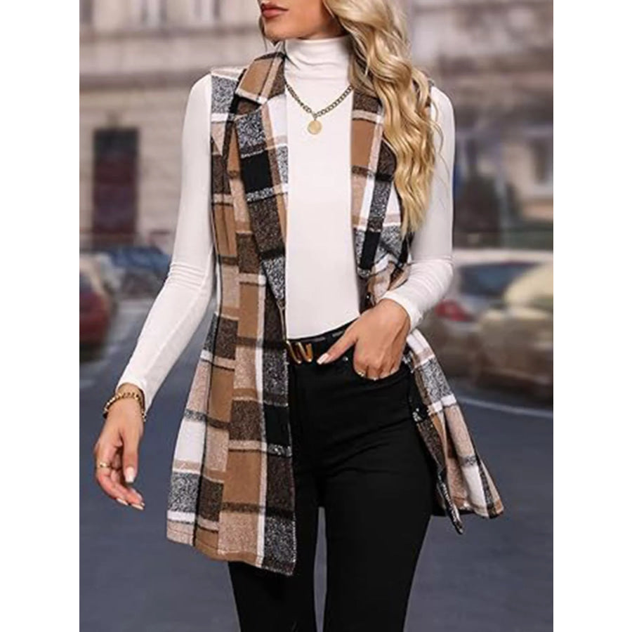 Plaid Button Up Vest Coat Beige / S Apparel and Accessories