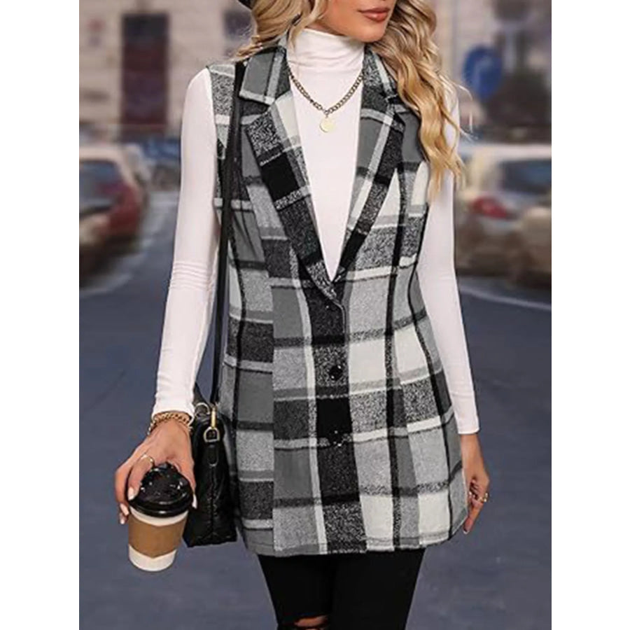 Plaid Button Up Vest Coat Black / S Apparel and Accessories