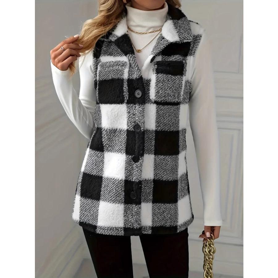 Plaid Button Up Vest Coat Black / S Apparel and Accessories