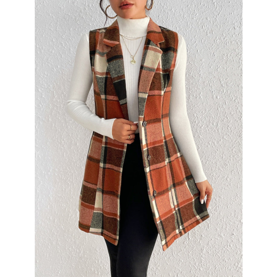 Plaid Button Up Vest Coat Caramel / S Apparel and Accessories