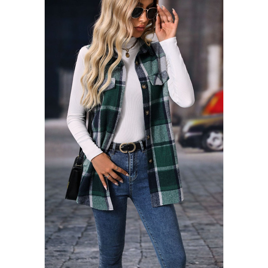 Plaid Button Up Vest Coat Dark Green / S Apparel and Accessories