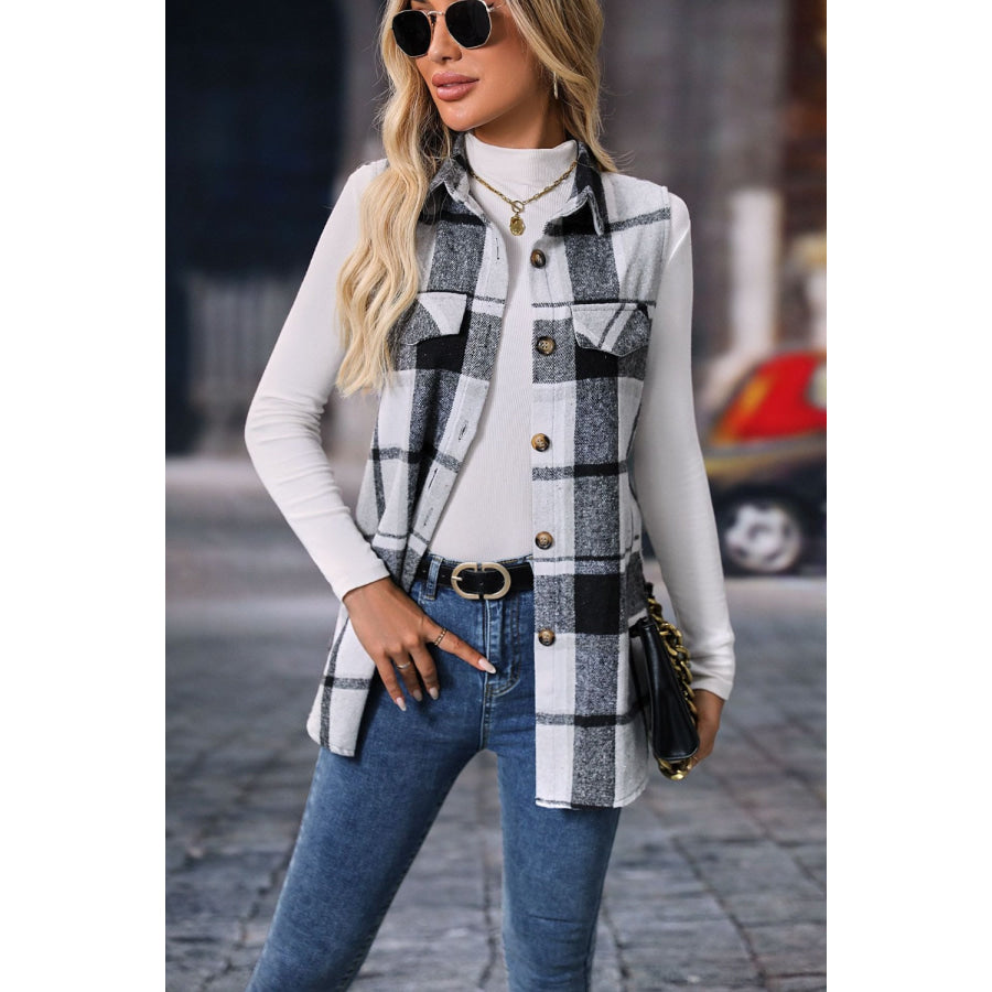 Plaid Button Up Vest Coat Gray / S Apparel and Accessories