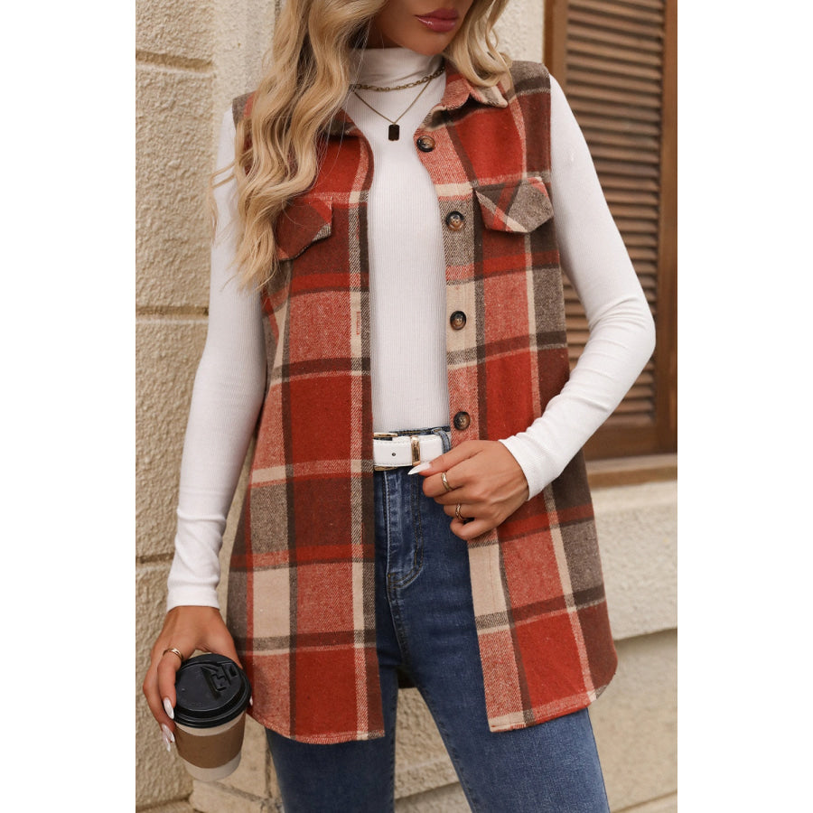 Plaid Button Up Vest Coat Terracotta / S Apparel and Accessories