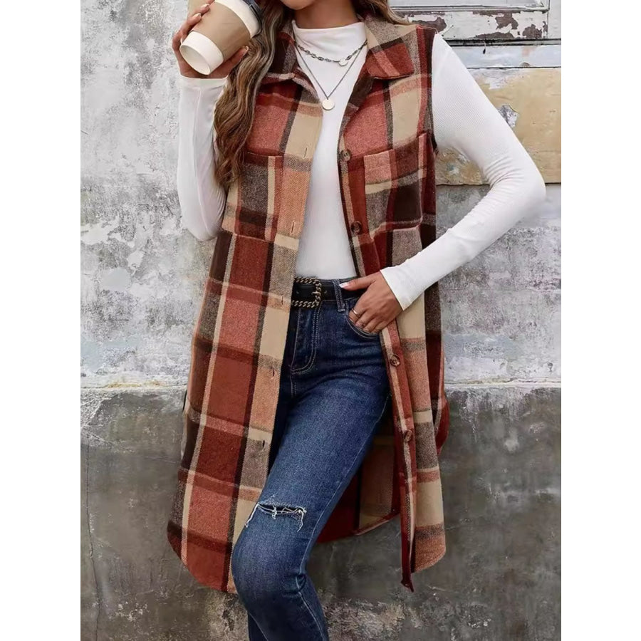 Plaid Button Up Vest Coat Terracotta / S Apparel and Accessories