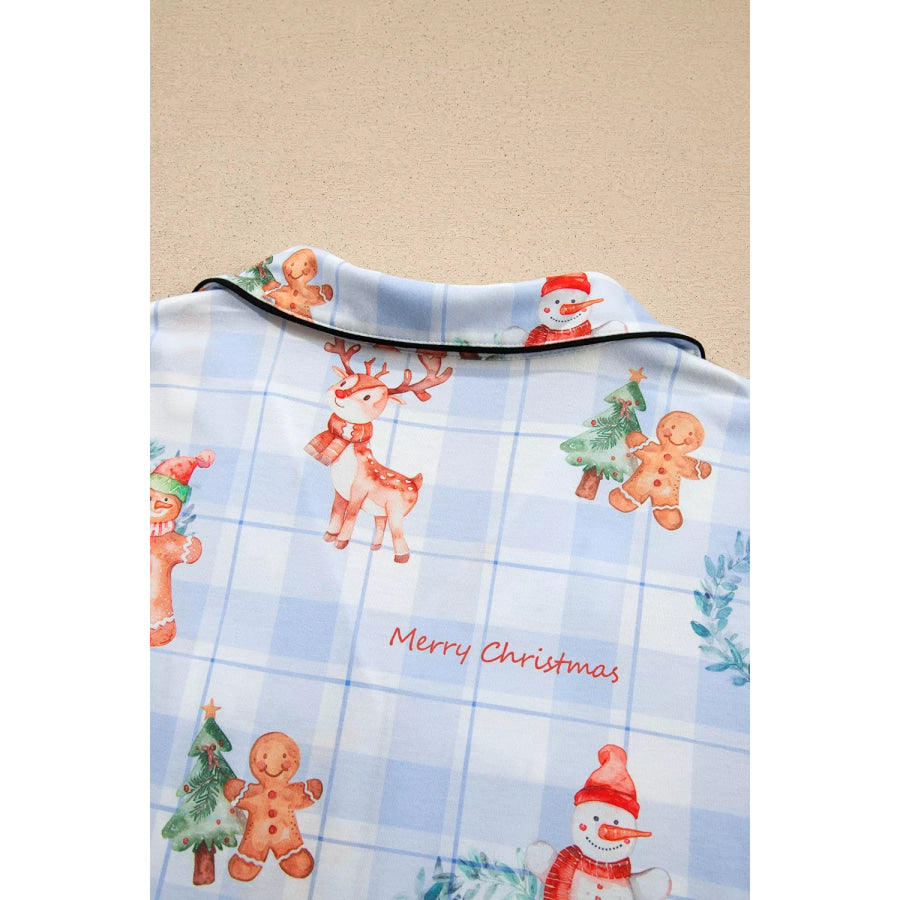 Plaid Cartoon Christmas Pattern Shirt Top 2pcs Pajama Set Apparel and Accessories