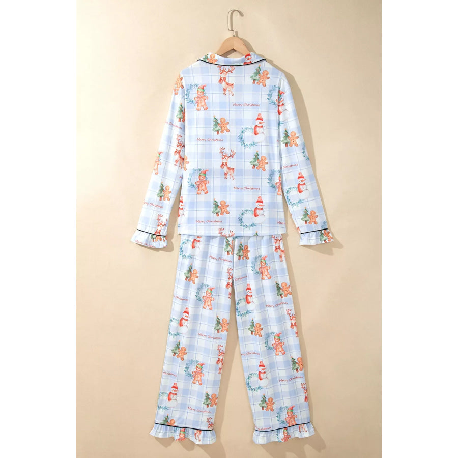 Plaid Cartoon Christmas Pattern Shirt Top 2pcs Pajama Set Apparel and Accessories