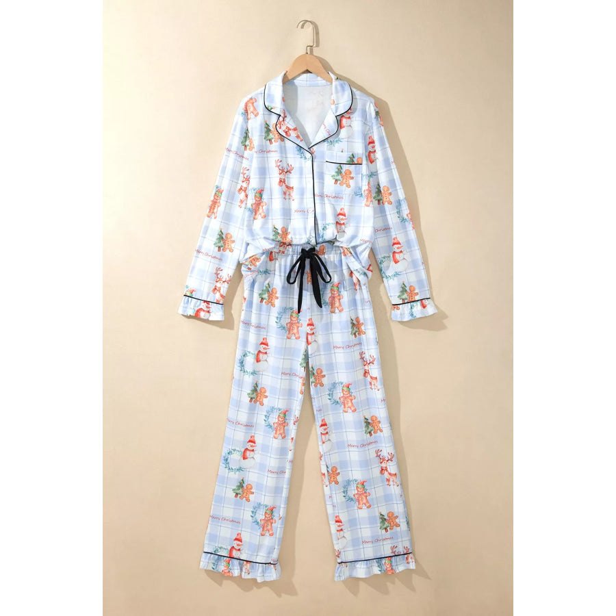 Plaid Cartoon Christmas Pattern Shirt Top 2pcs Pajama Set Light Blue / S Apparel and Accessories