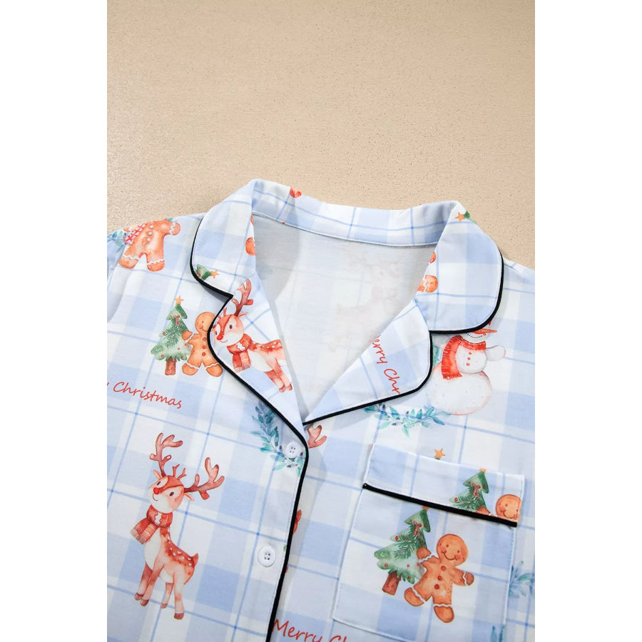 Plaid Cartoon Christmas Pattern Shirt Top 2pcs Pajama Set Apparel and Accessories