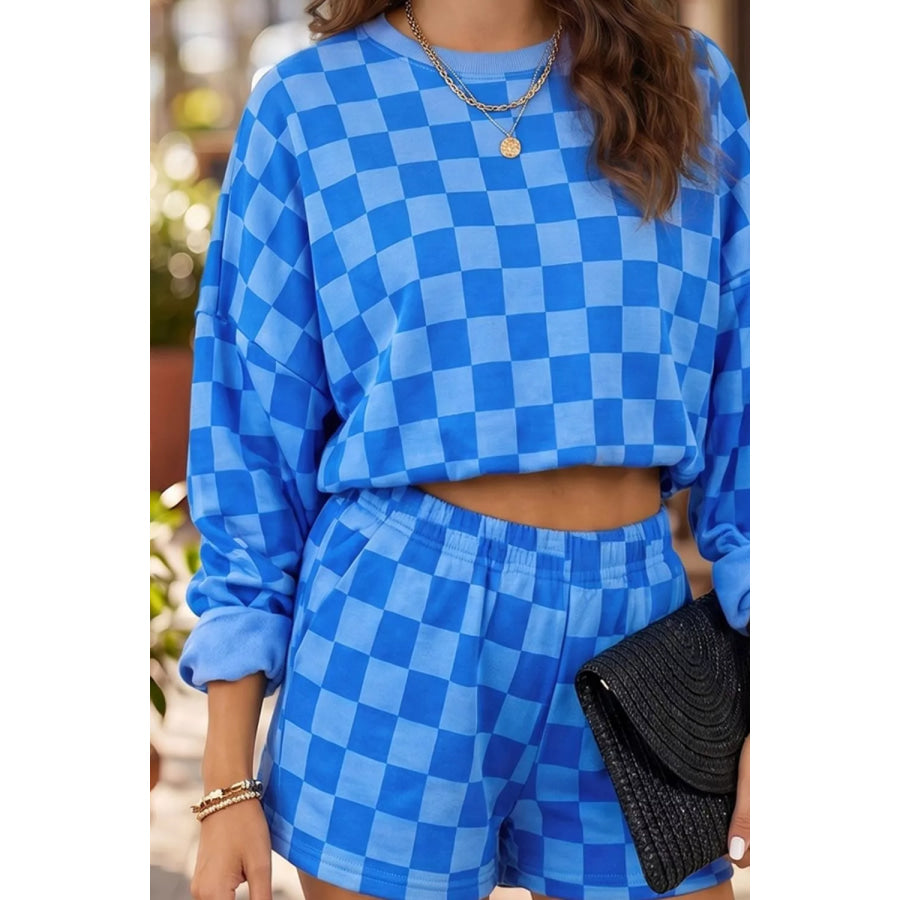 Plaid Checkered Long Sleeve Crop Top Elastic Waist Shorts Two Piece Set Blue / S Apparel and Accessories