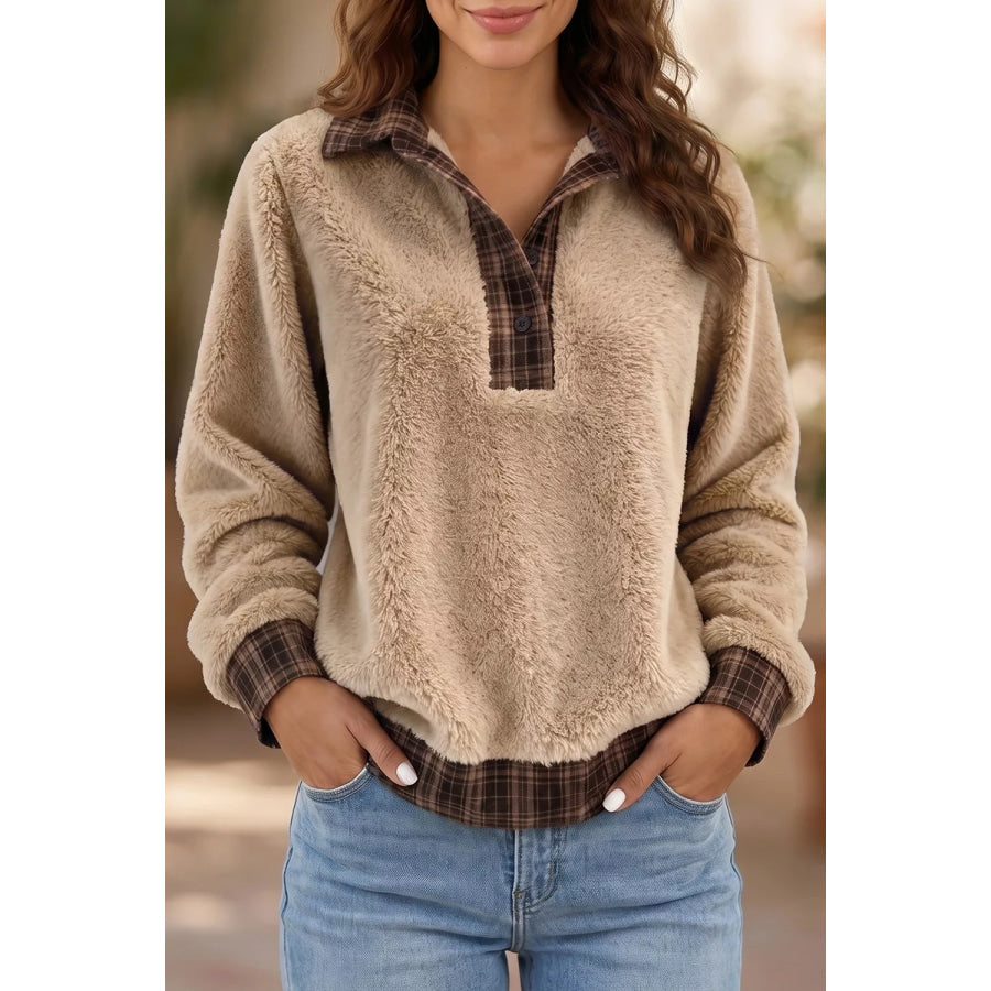 Plaid Collar Button Front Fleece Pullover Sweatshirt Apparel and Accessories