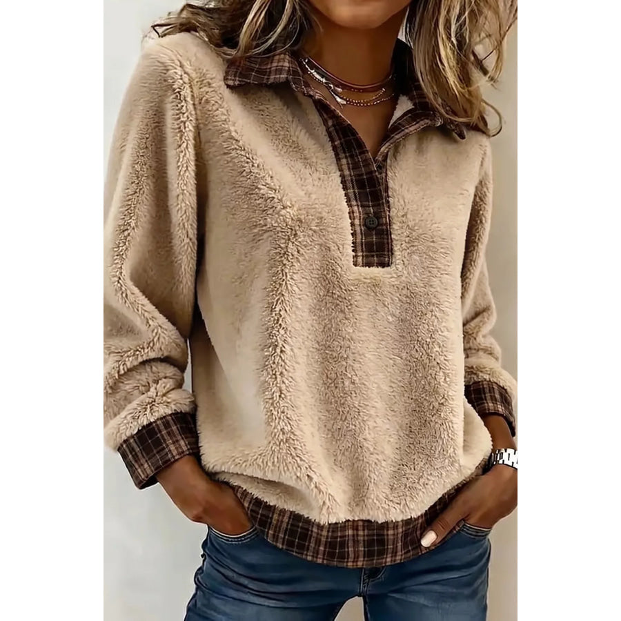 Plaid Collar Button Front Fleece Pullover Sweatshirt Apparel and Accessories