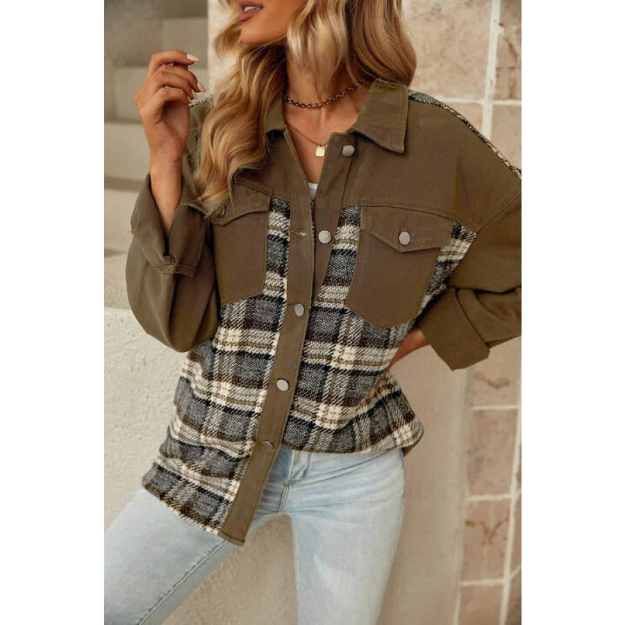 Plaid Collared Denim Jacket Clothing