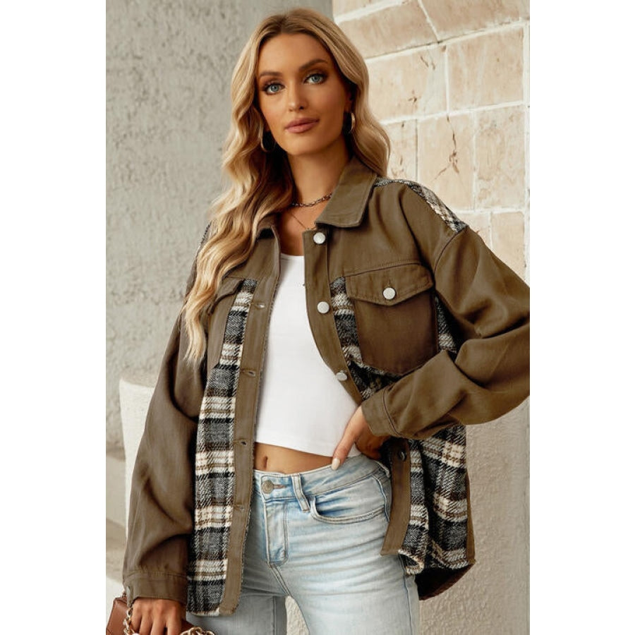 Plaid Collared Denim Jacket Olive / S Clothing