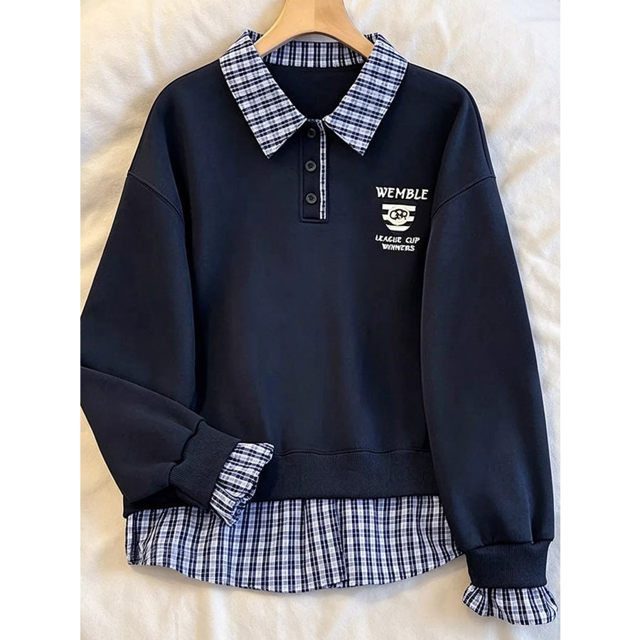 Plaid Collared Faux-Layered Hem Sweatshirt Apparel and Accessories