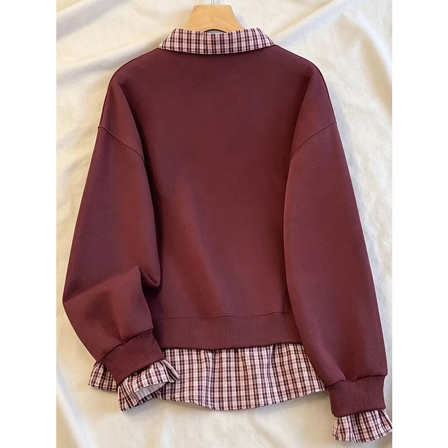 Plaid Collared Faux-Layered Hem Sweatshirt Apparel and Accessories