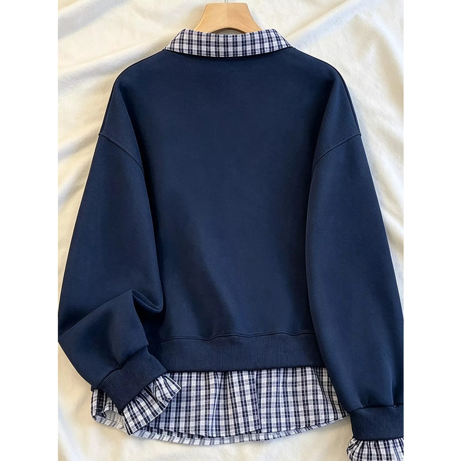 Plaid Collared Faux-Layered Hem Sweatshirt Apparel and Accessories