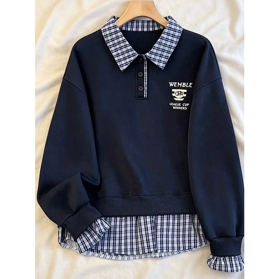Plaid Collared Faux-Layered Hem Sweatshirt Apparel and Accessories
