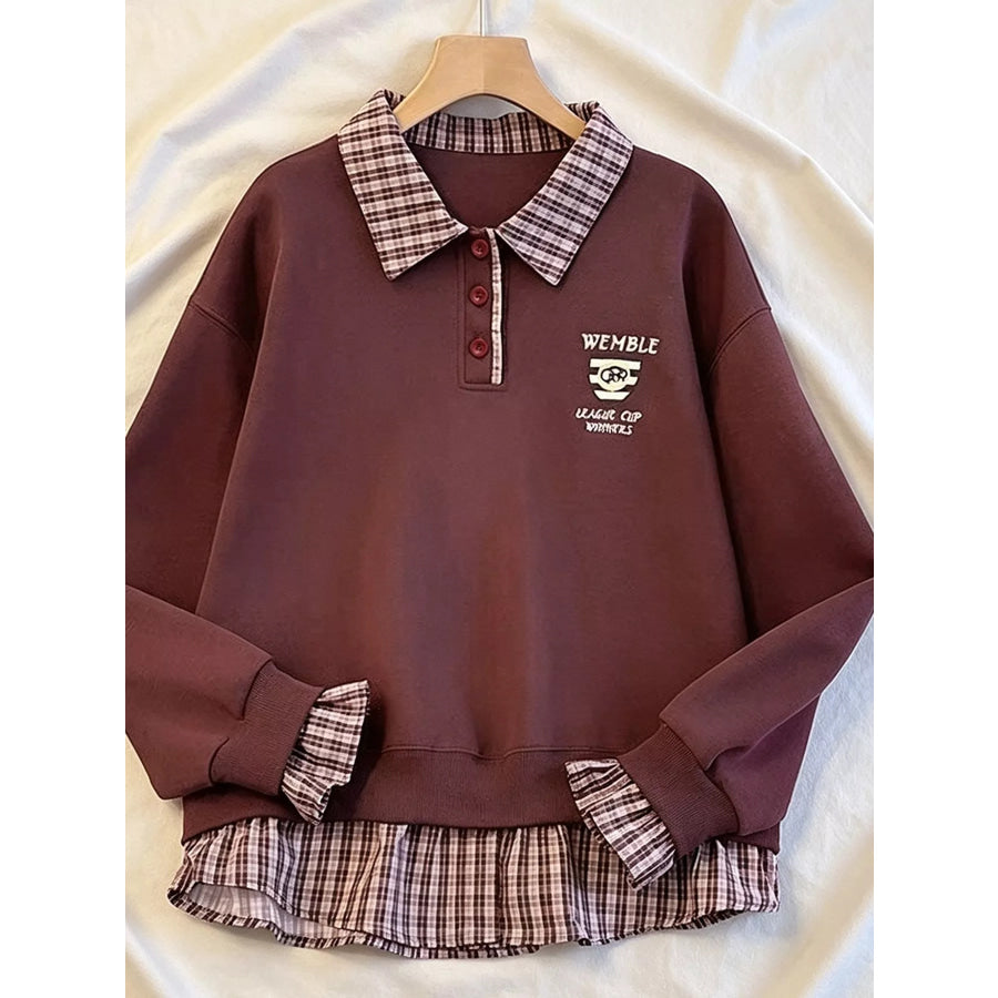 Plaid Collared Faux-Layered Hem Sweatshirt Apparel and Accessories